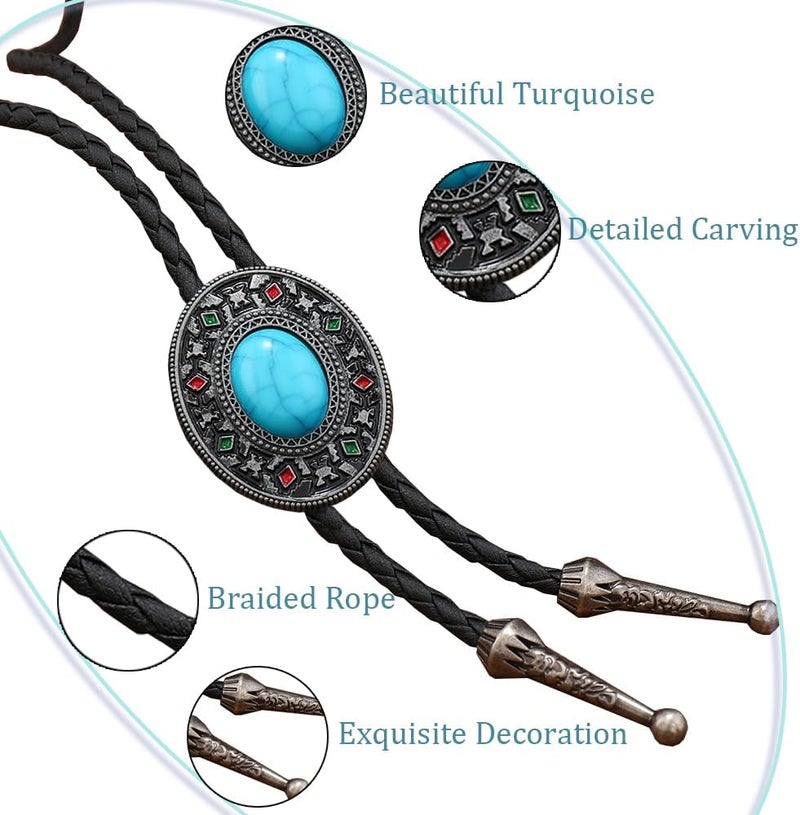 FGSS Vintage Turquoise Bolo Tie For Men - Western Cowboy Colored Oval Bola Necktie Retro Leather Necklace for Men Women - Image 3